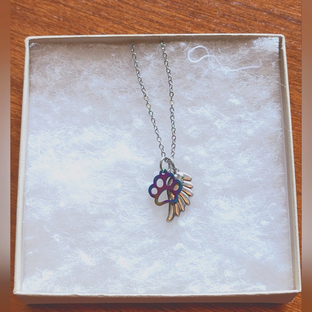 NIB Stainless Steel Necklace with Paw Print and Angel Wing